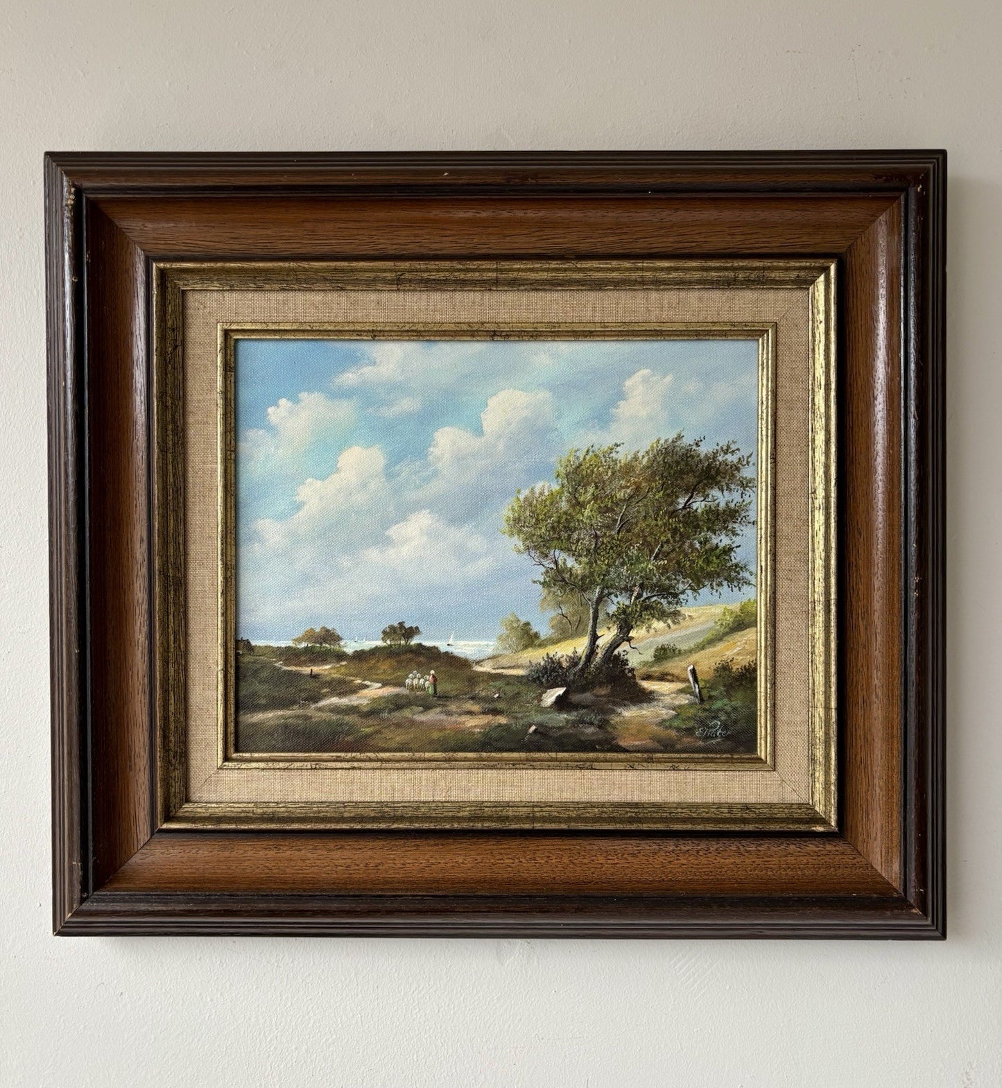 Vintage “COUNTRYSIDE LANDSCAPE WITH TREE” Oil Painting Signed Framed Dutch