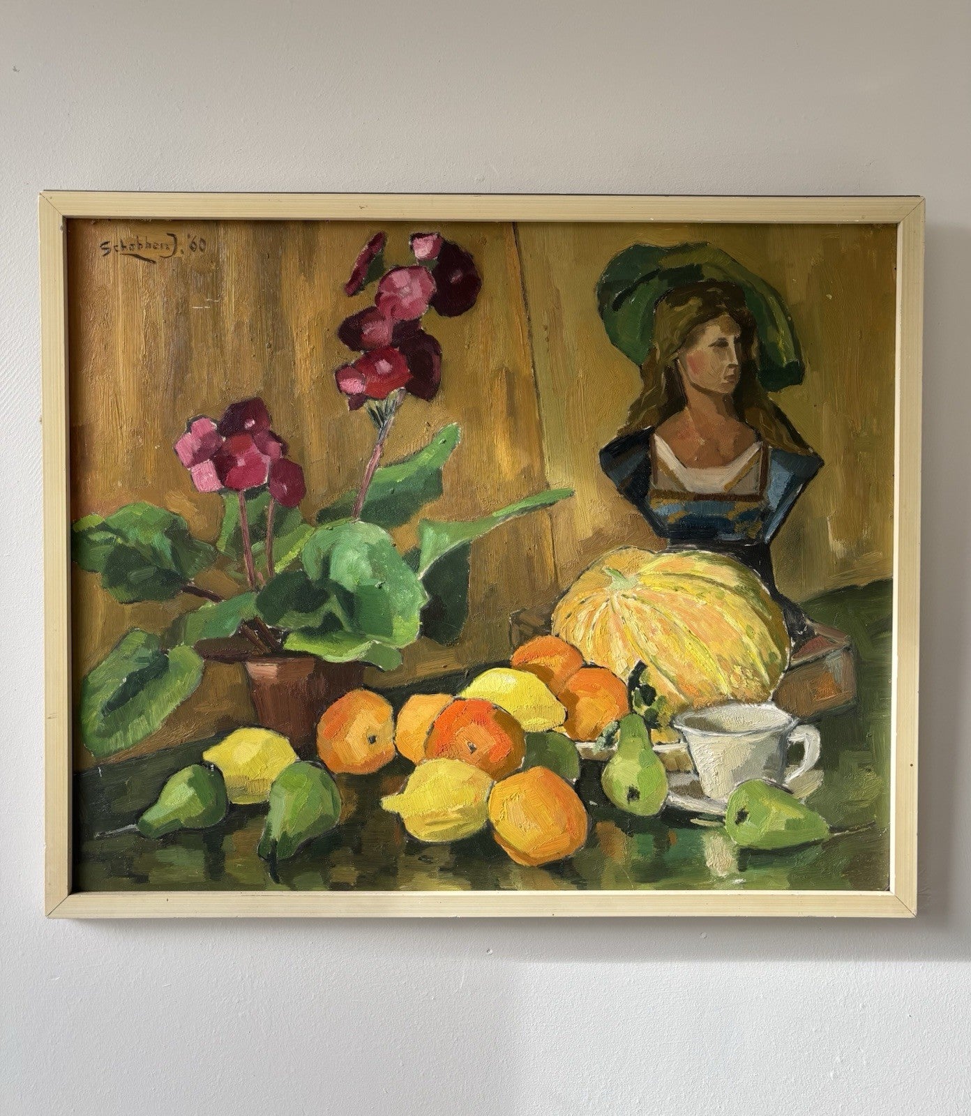 Year 1960 Colorful Still Life Oil Painting Framed Unique Hand Made Panel Art