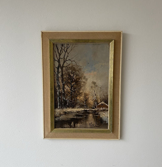 Vintage “WINTER SERENADE” Oil Painting Landscape Snow Cabin 20th Century