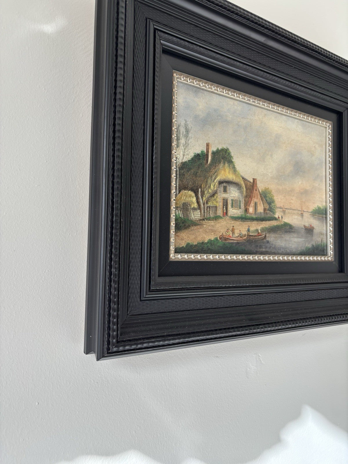 Dutch Harbor Scene Antique Oil Painting  Landscape River Boats 19th Century