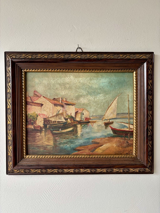 Vintage “SAILBOATS IN A COASTAL VILLAGE” Oil Painting – 20th Century European