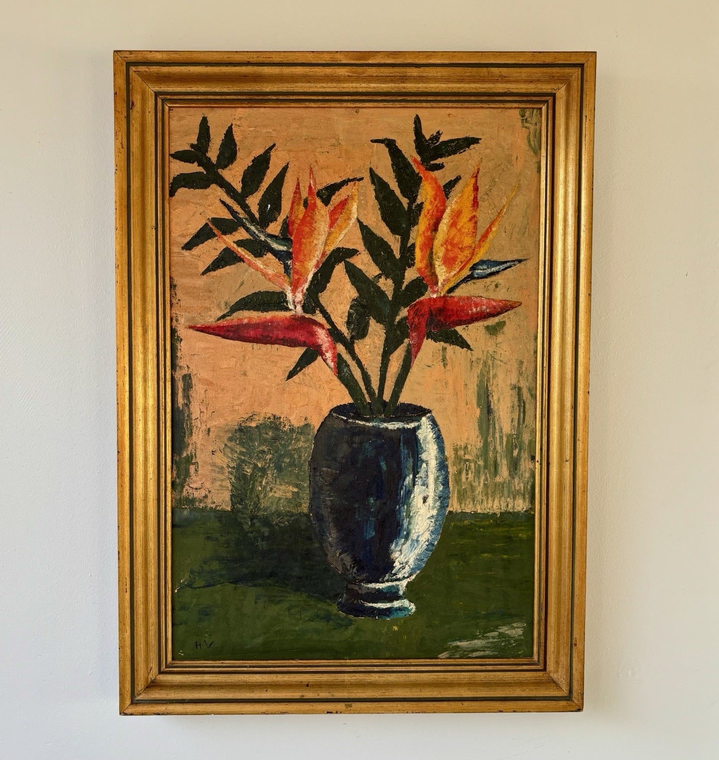 Vintage Flower Tree Still Life floral Oil Painting Flowers in Vase Mid 20th C