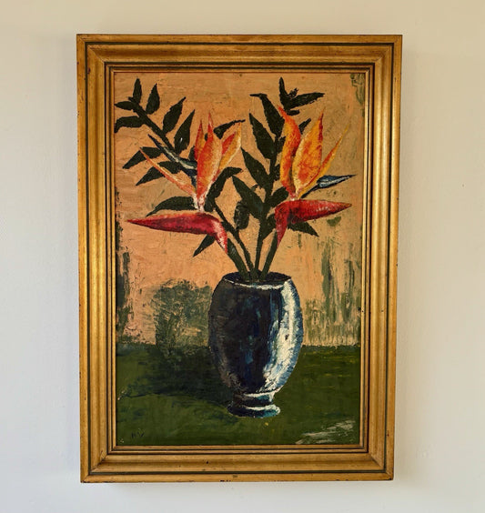 Vintage Flower Tree Still Life floral Oil Painting Flowers in Vase Mid 20th C