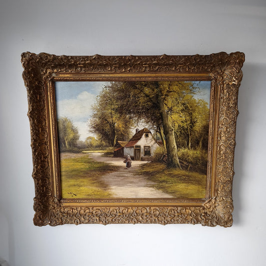 Vintage “COUNTRY PATH COTTAGE” original oil painting Dutch landscape framed