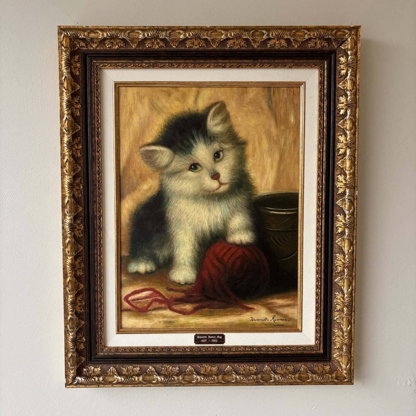 “Vintage Kitten with Red Yarn” – Framed Oil Painting on Canvas – Signed