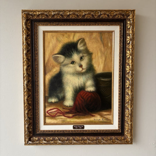 “Vintage Kitten with Red Yarn” – Framed Oil Painting on Canvas – Signed
