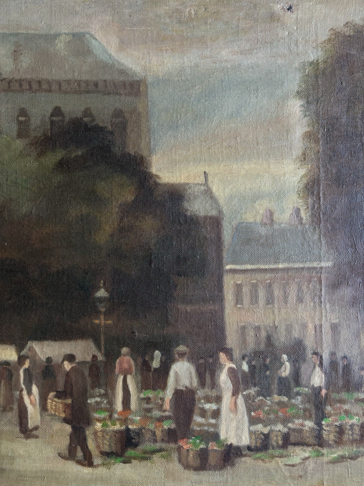 Old Ca. 1920 Dutch Oil Painting Cityscape Market Square Figures Architecture