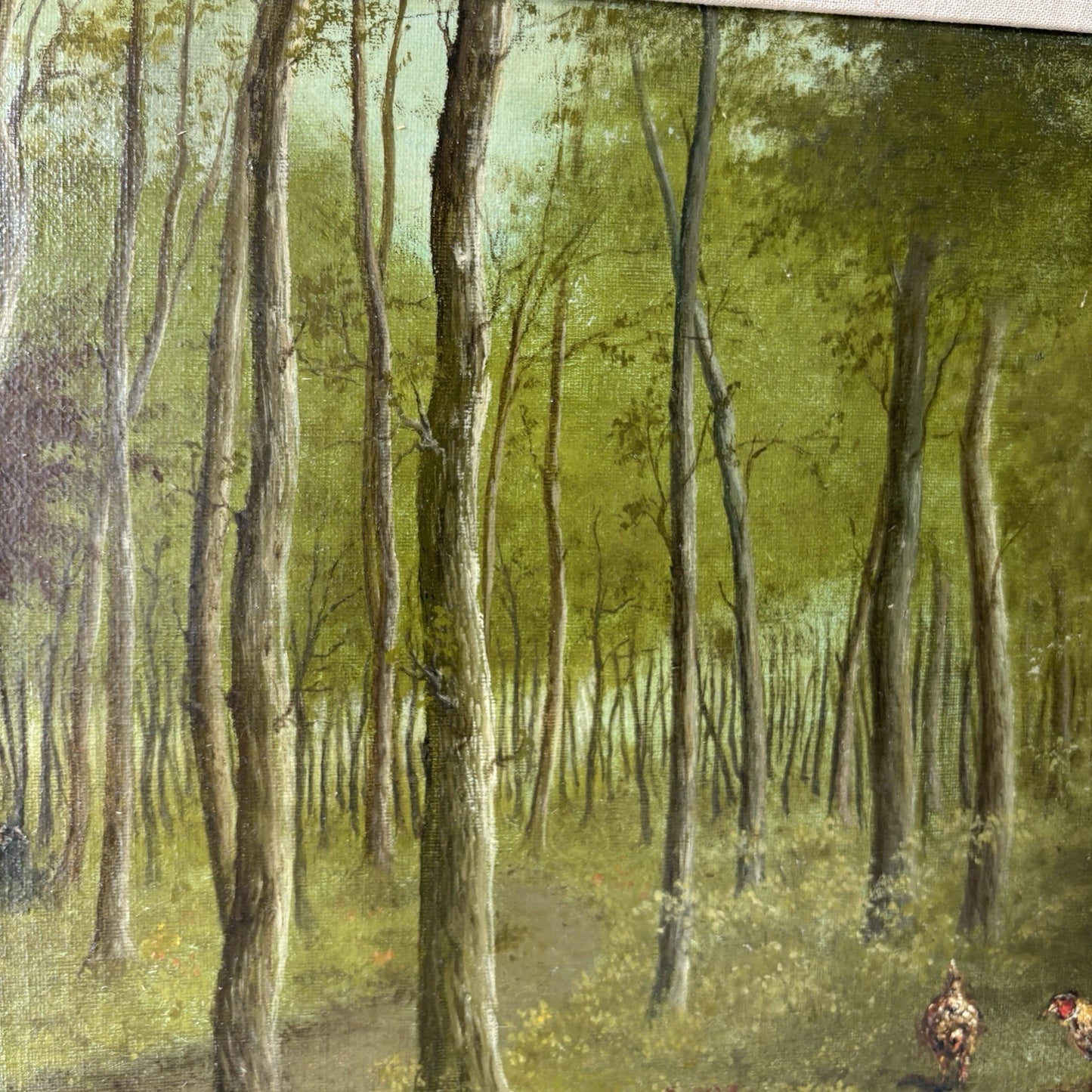 “Forest Stream with Pheansants” – Vintage Woodland Landscape – Framed Painting