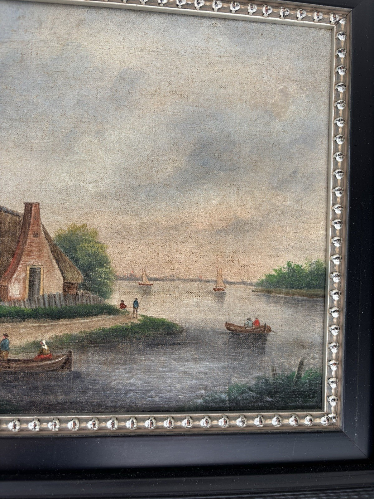 Dutch Harbor Scene Antique Oil Painting  Landscape River Boats 19th Century