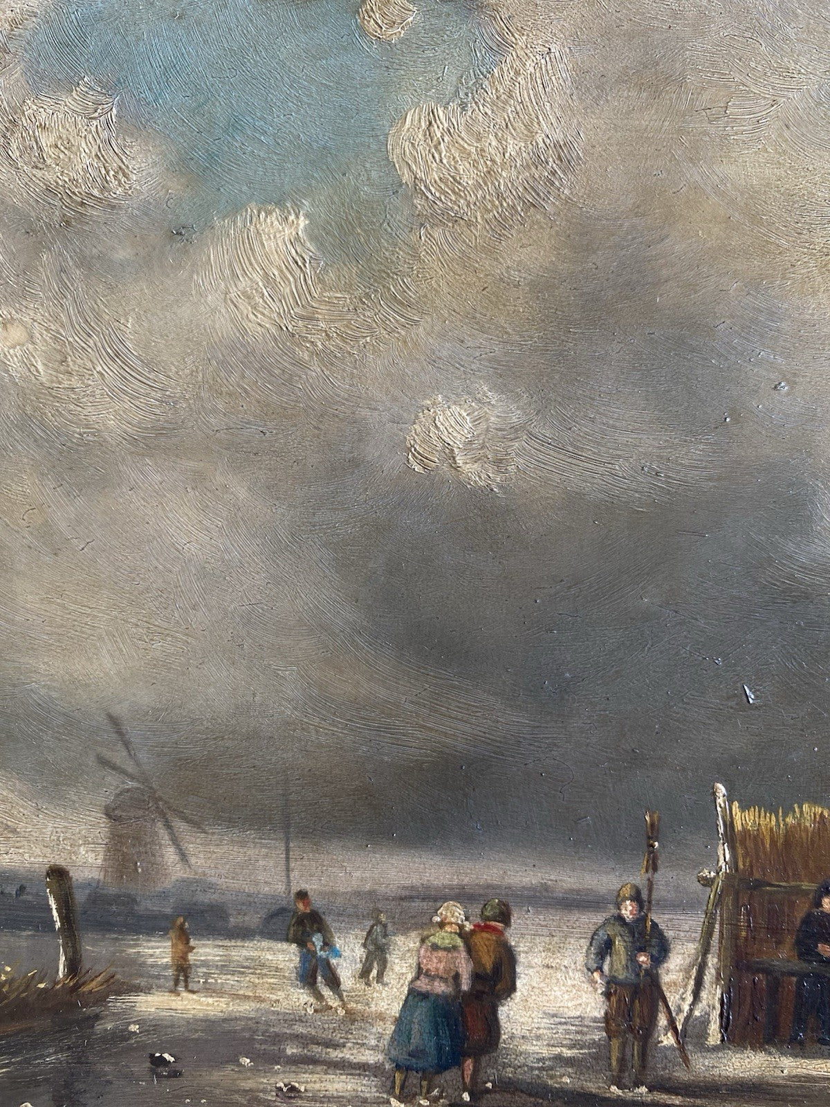 Dutch Artwork  Ice Skaters on Lake Cloudy Winter Landscape Windmill T.E DE BOCK