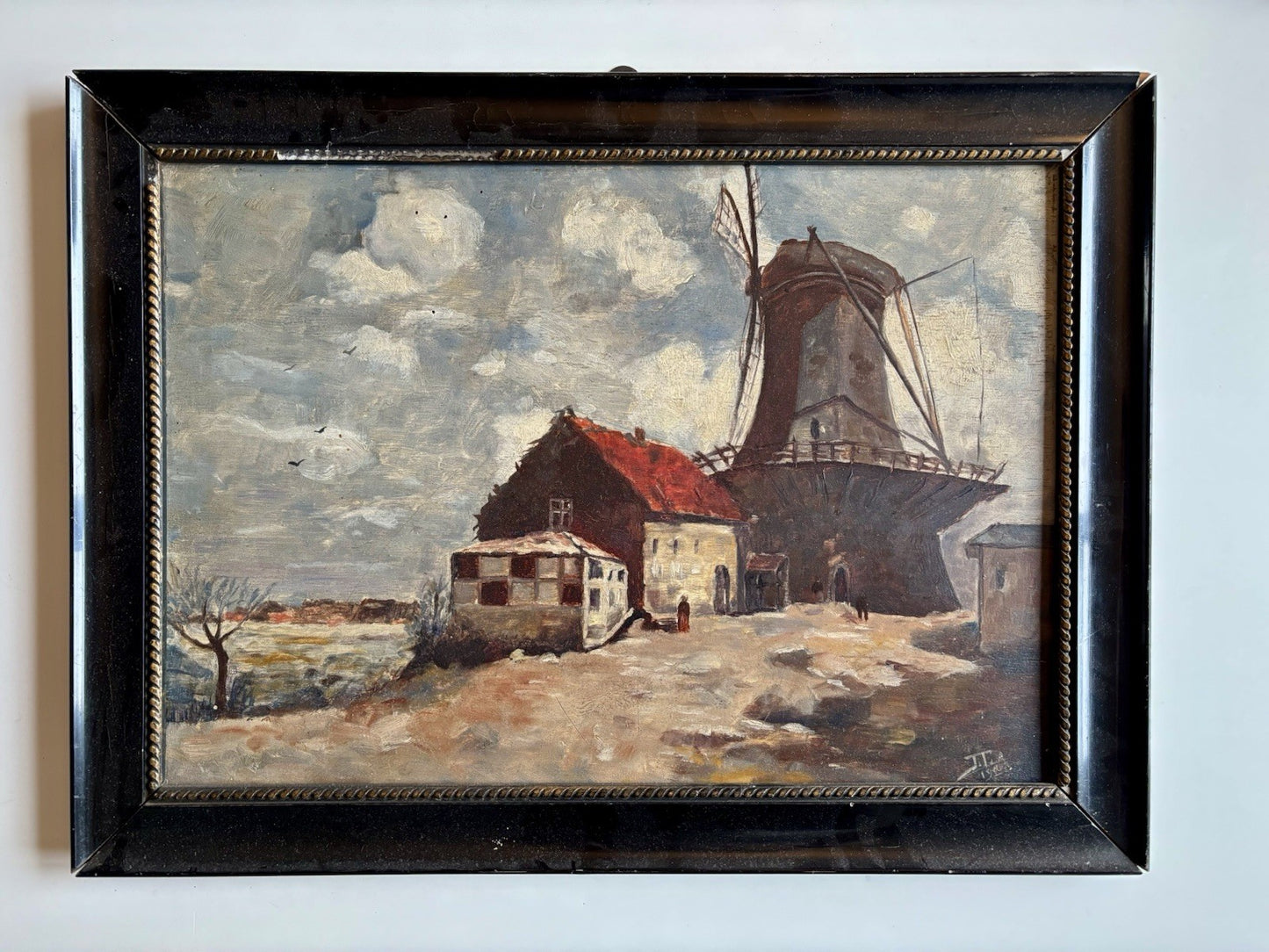 Dutch Antique Oil Painting Windmill Landscape Scene with Farmhouses Framed