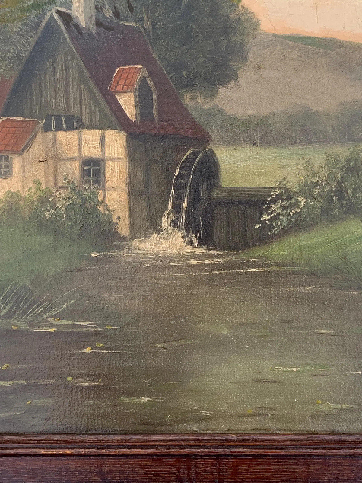 Ca. 1890 Dutch Oil Painting Watermill Chickens Farm Woman Landscape Countryside