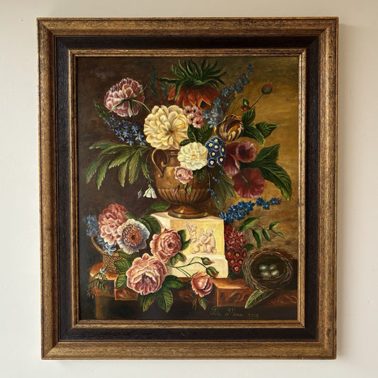 Vintage Floral Still Life Oil Painting – Large Bouquet with Fruits & Letter