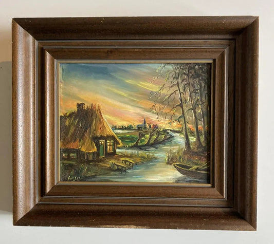 Dutch Landscape Oil Painting with Farmhouse ca 1950-1980 Colorfull Vintage Art