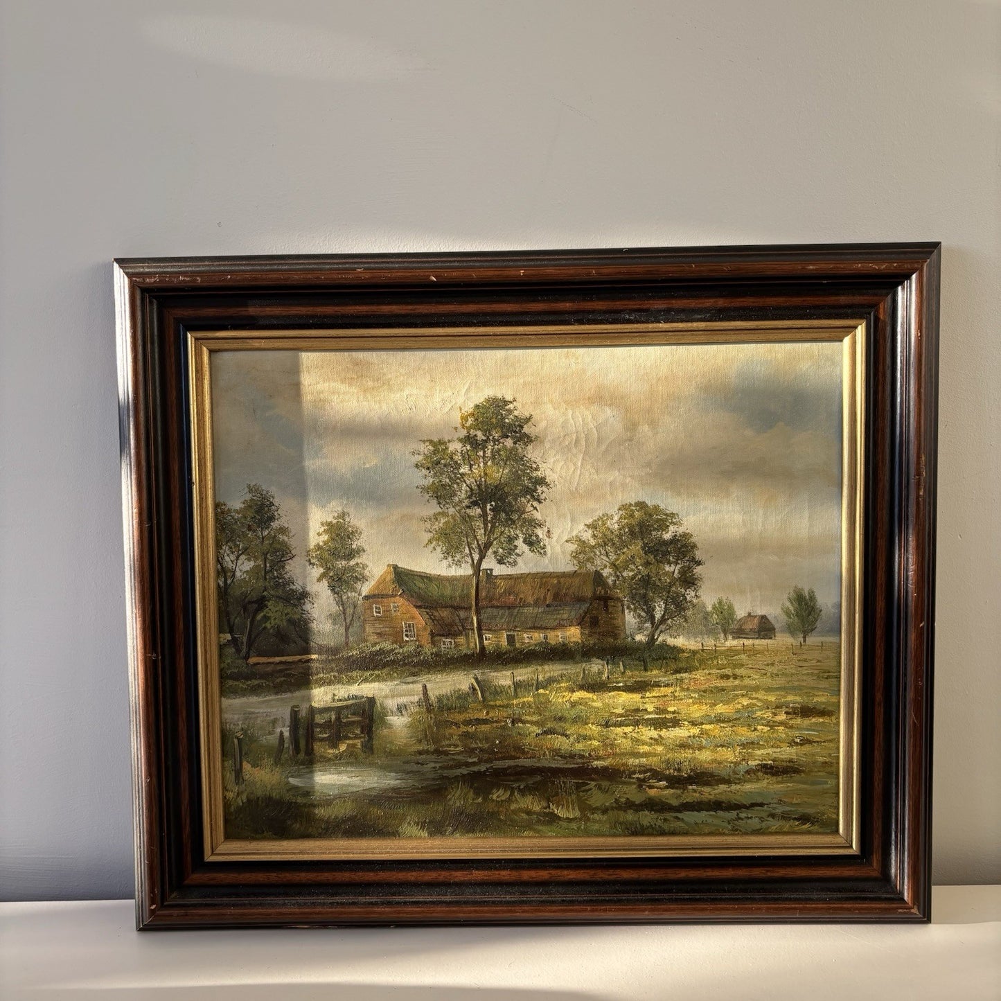 "Meadow Farmhouse" Classic Dutch Landscape Original VIntage Oil Painting