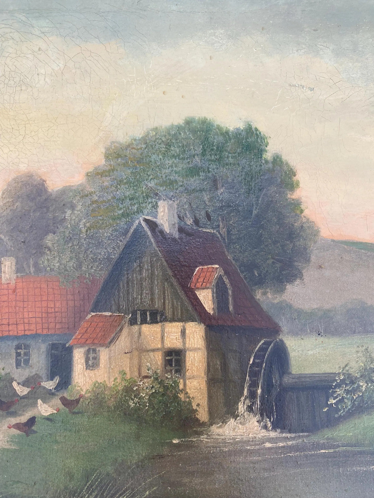 Ca. 1890 Dutch Oil Painting Watermill Chickens Farm Woman Landscape Countryside