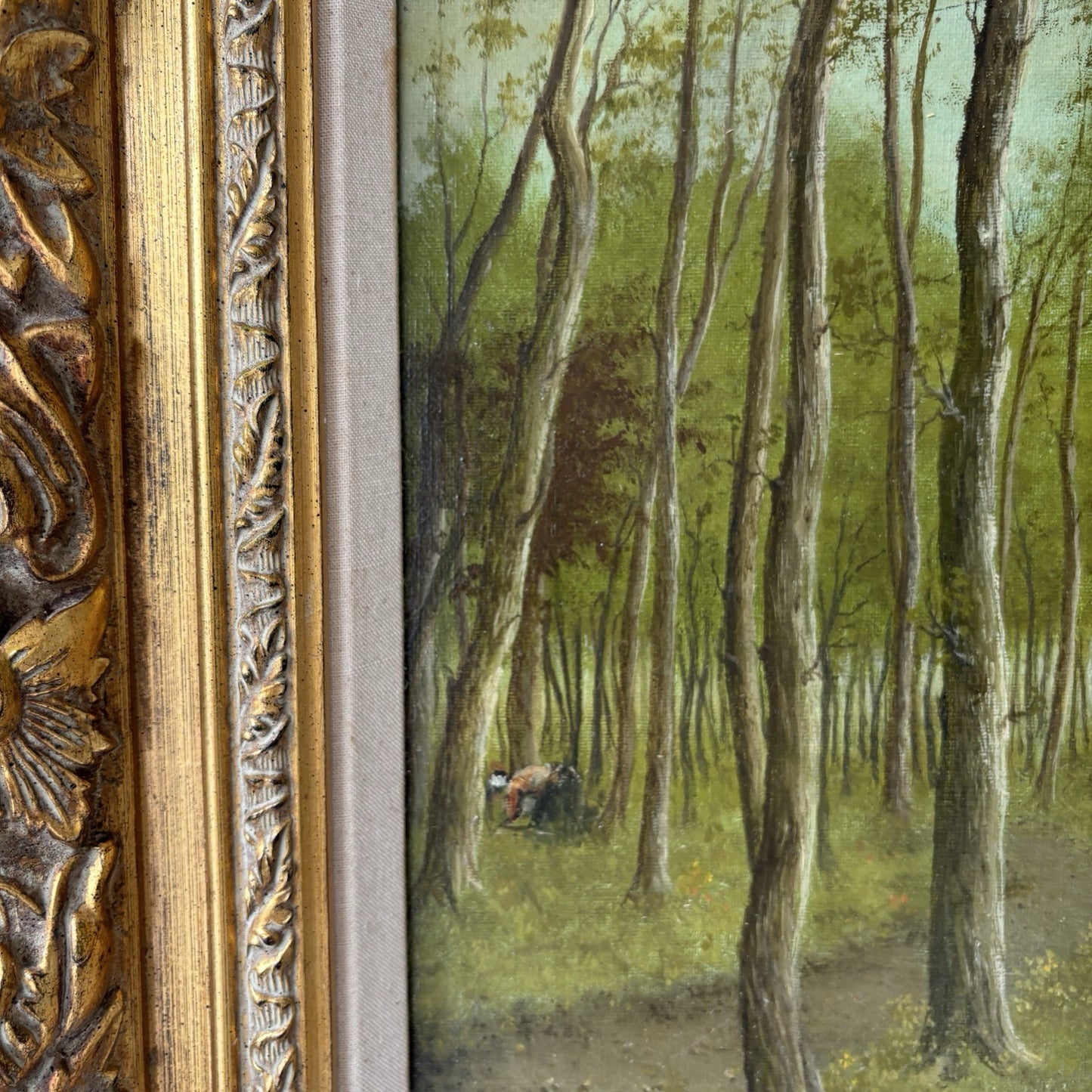 “Forest Stream with Pheansants” – Vintage Woodland Landscape – Framed Painting