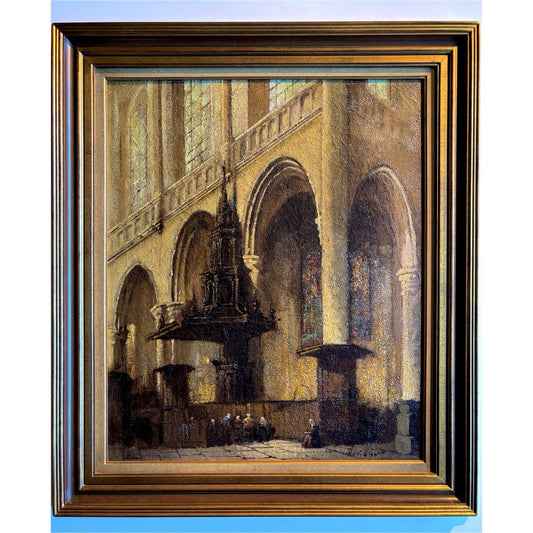 “Golden Cathedral Light” Vintage Oil Painting Church Interior Large Framed