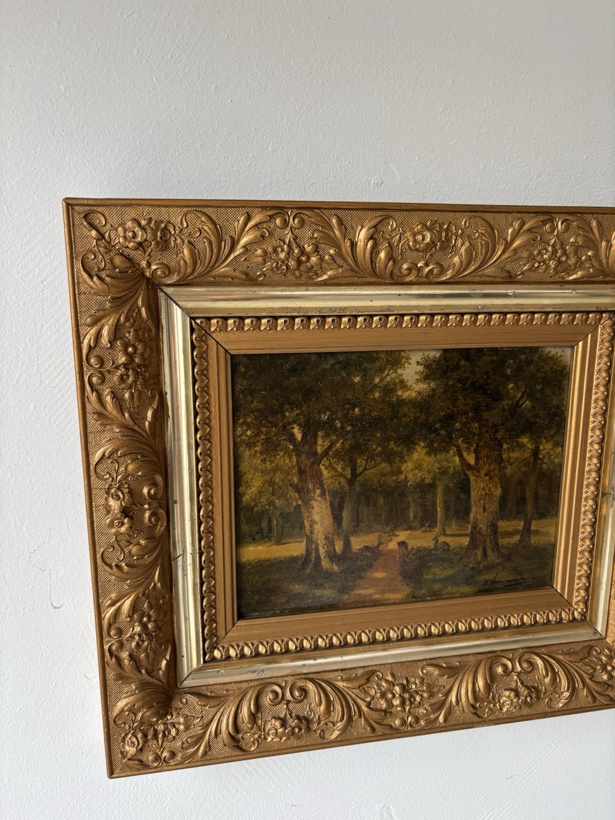 Antique “DEER IN FOREST” Oil Painting Dutch Forest Animals Medium 19th Century