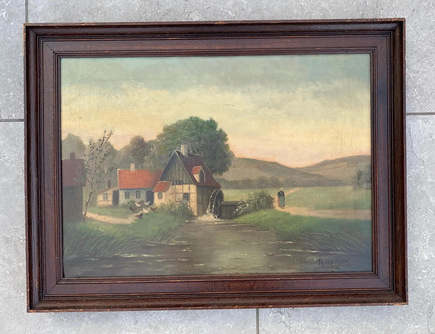 Ca. 1890 Dutch Oil Painting Watermill Chickens Farm Woman Landscape Countryside