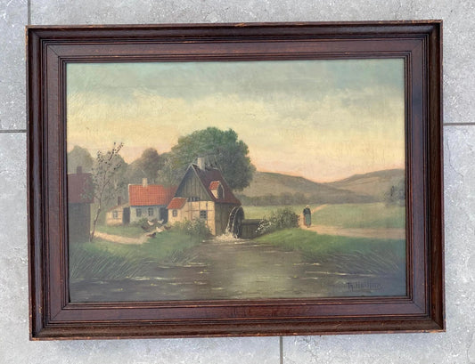 Ca. 1890 Dutch Oil Painting Watermill Chickens Farm Woman Landscape Countryside