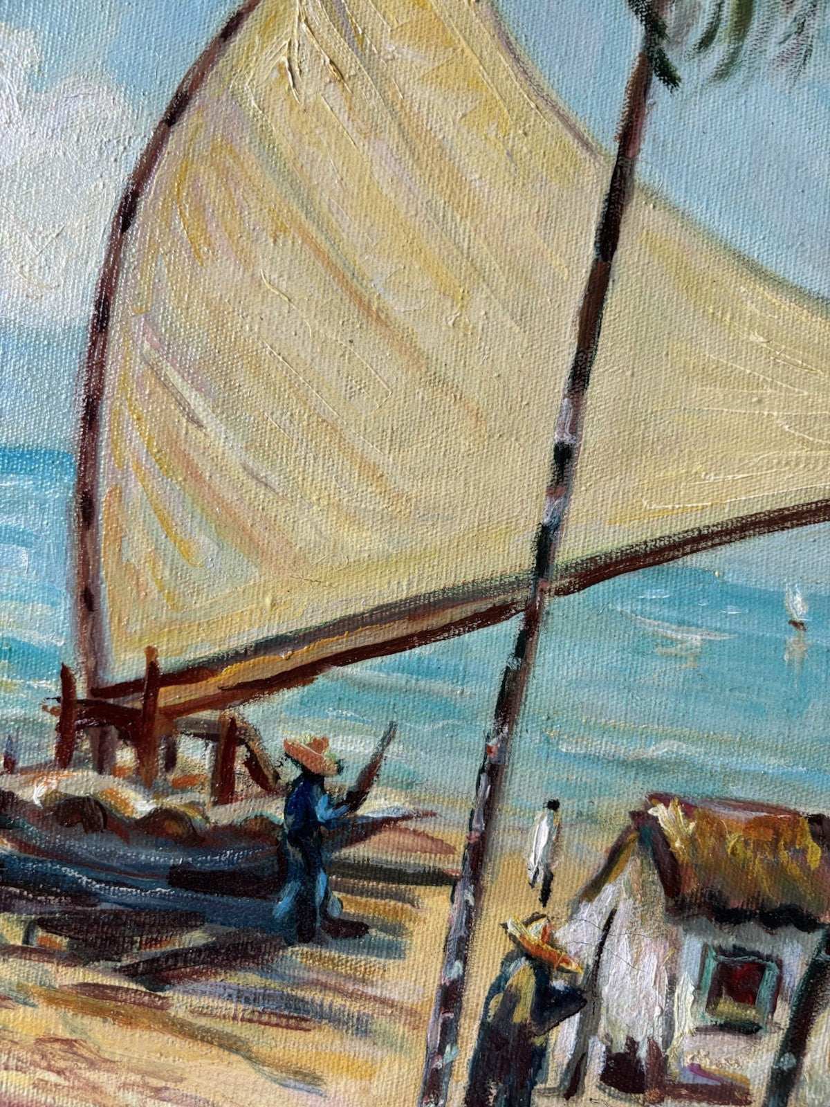 Brazil Art “SAILBOATS TROPICAL SEASIDE” Oil Painting Coastal Figures Palm Tree
