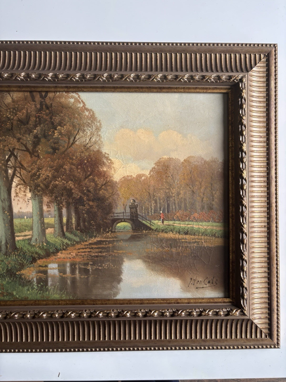 19th Century Dutch Landscape Oil Painting Bridge Trees Signed Original