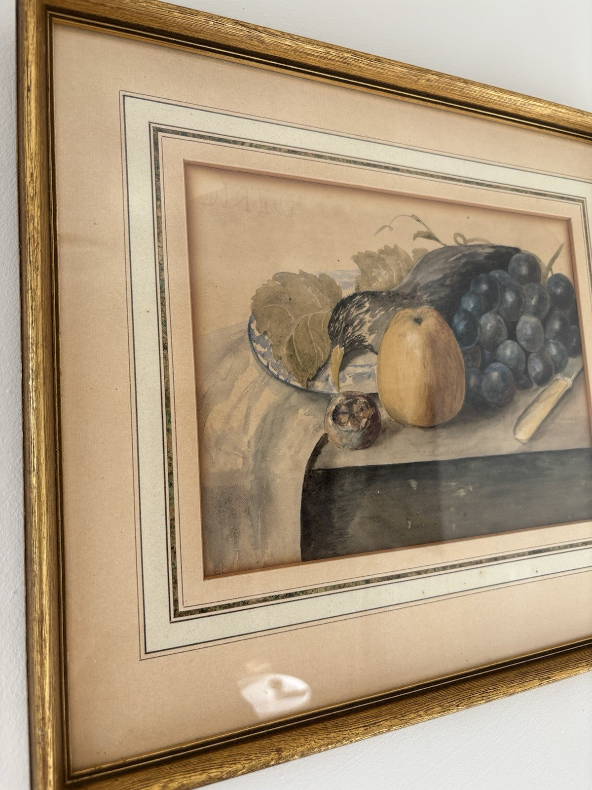 “FRUIT AND GRAPES” Vintage Hand-Painted Still Life Framed Art Drawing Art