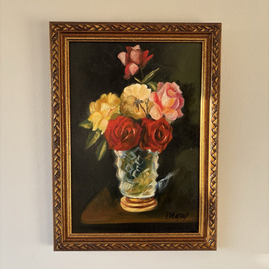 Vintage “ROSES IN GLASS VASE” original floral still life oil painting framed