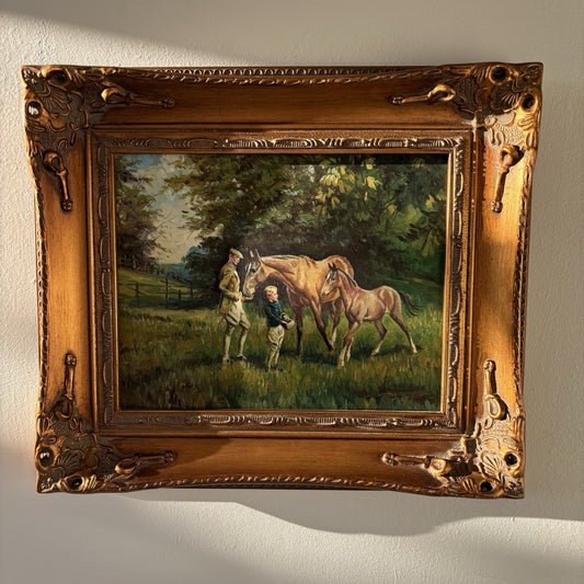 "Pair of Horses" Portrait of Two Persons with Their Horses Oil Painting Original