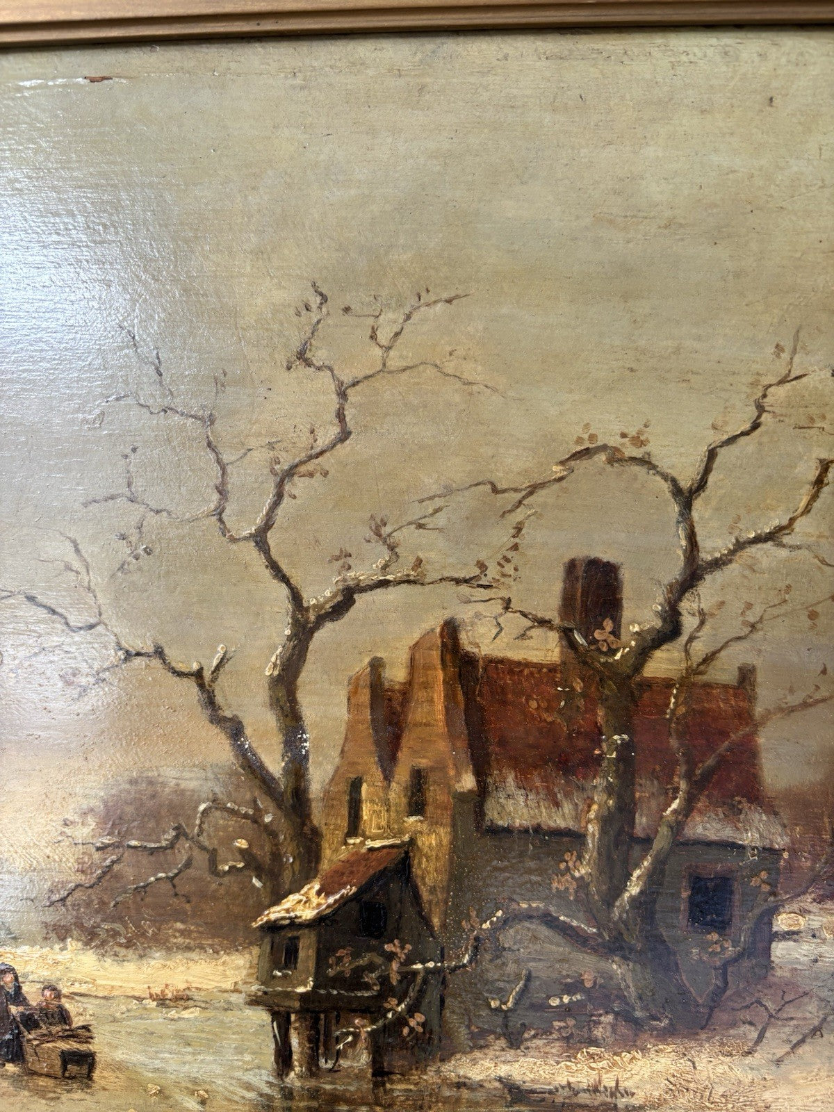 Antique “WINTER LANDSCAPE WITH WINDMILL Oil Painting Figure Skating 19th Century