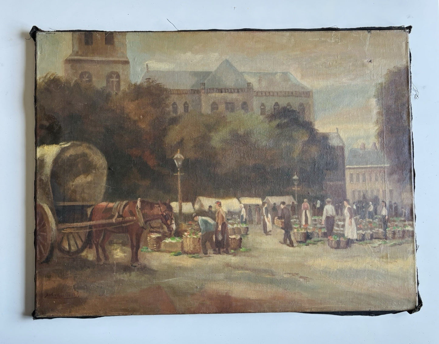 Old Ca. 1920 Dutch Oil Painting Cityscape Market Square Figures Architecture
