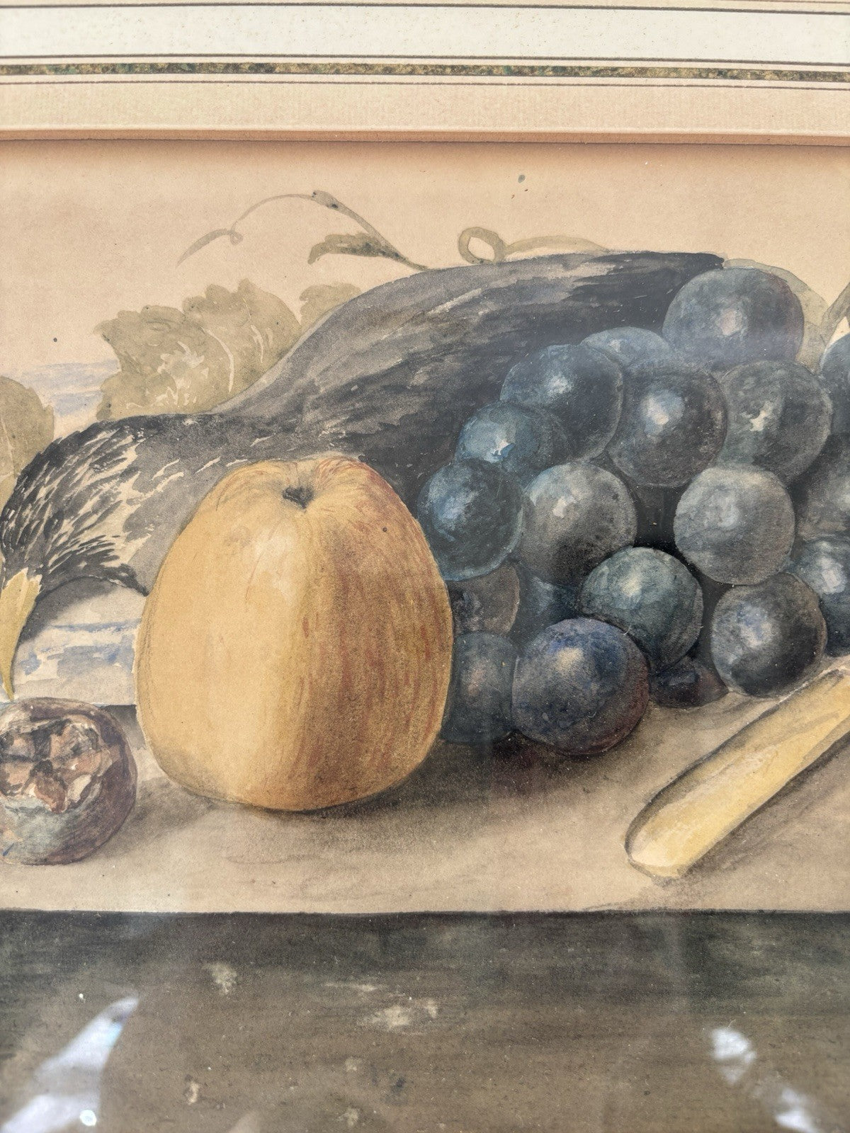 “FRUIT AND GRAPES” Vintage Hand-Painted Still Life Framed Art Drawing Art