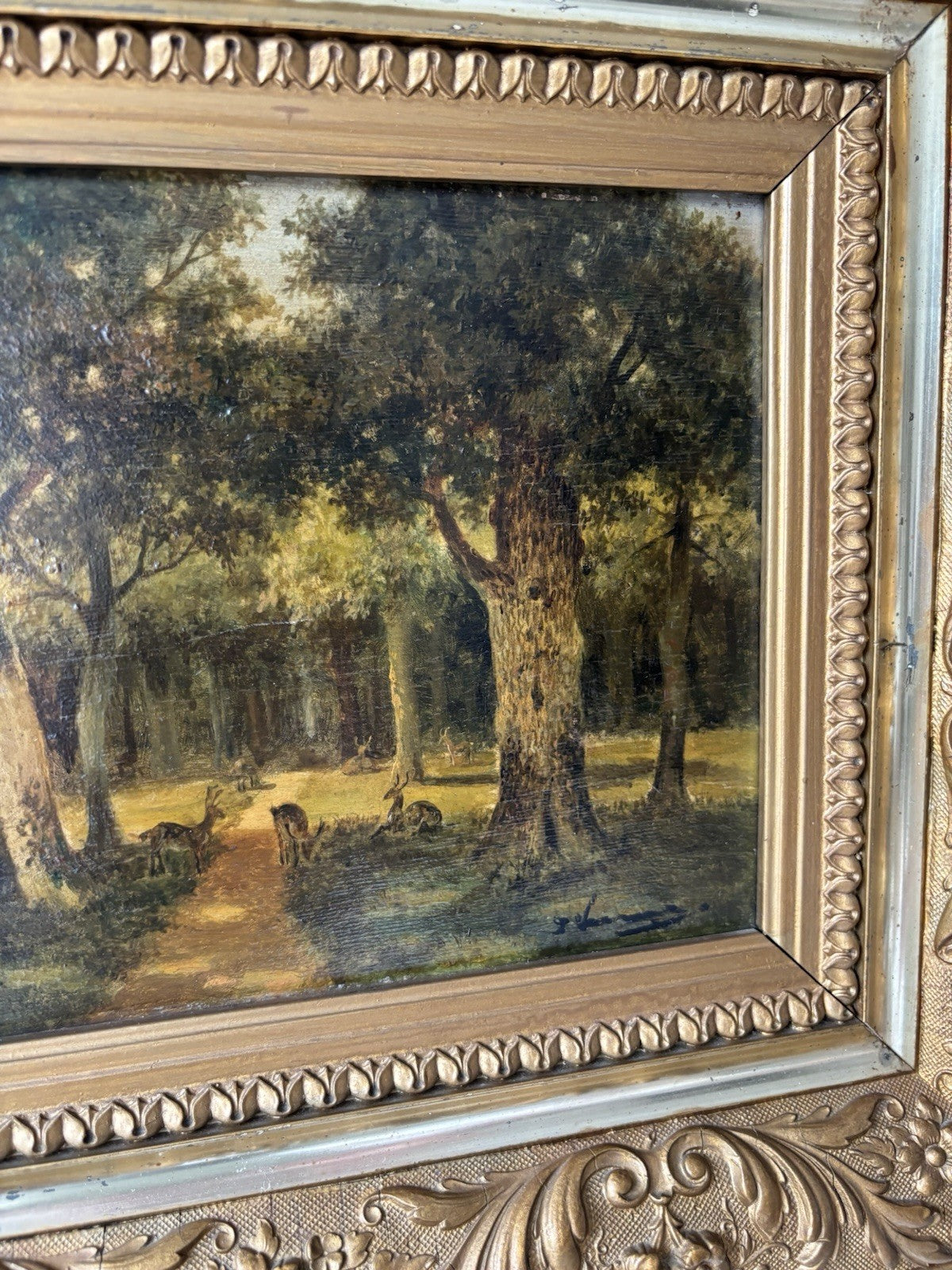 Antique “DEER IN FOREST” Oil Painting Dutch Forest Animals Medium 19th Century