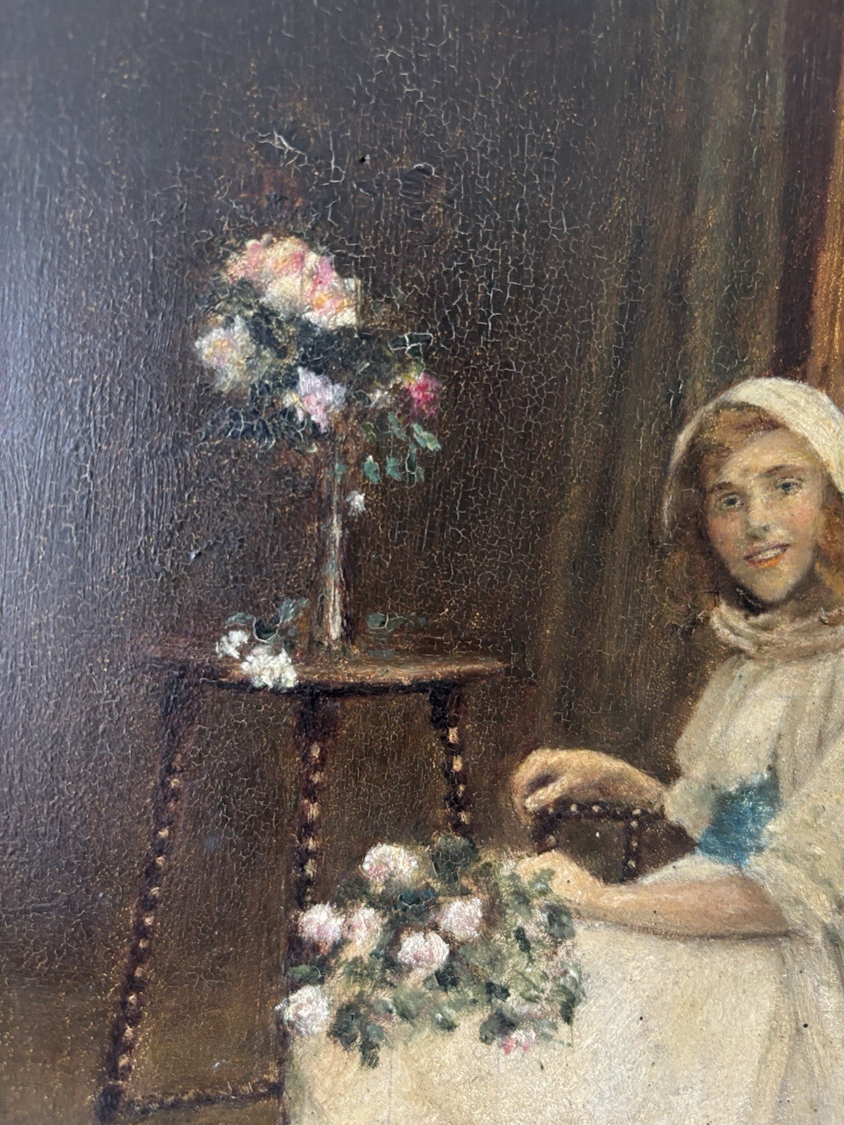 19th Century “LADY WITH FLOWERS” Antique Oil Painting Romantic Portraiture Women