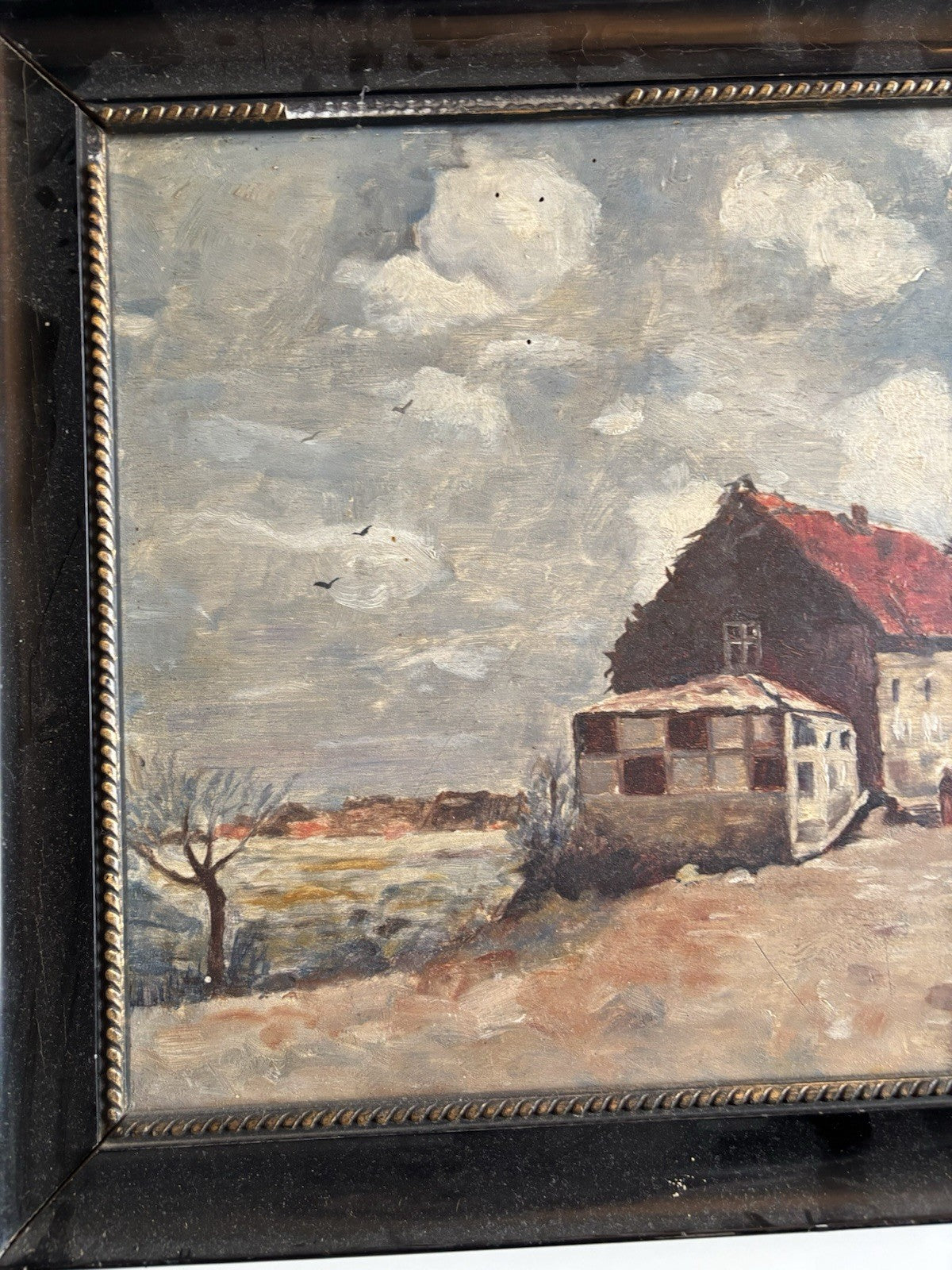 Dutch Antique Oil Painting Windmill Landscape Scene with Farmhouses Framed