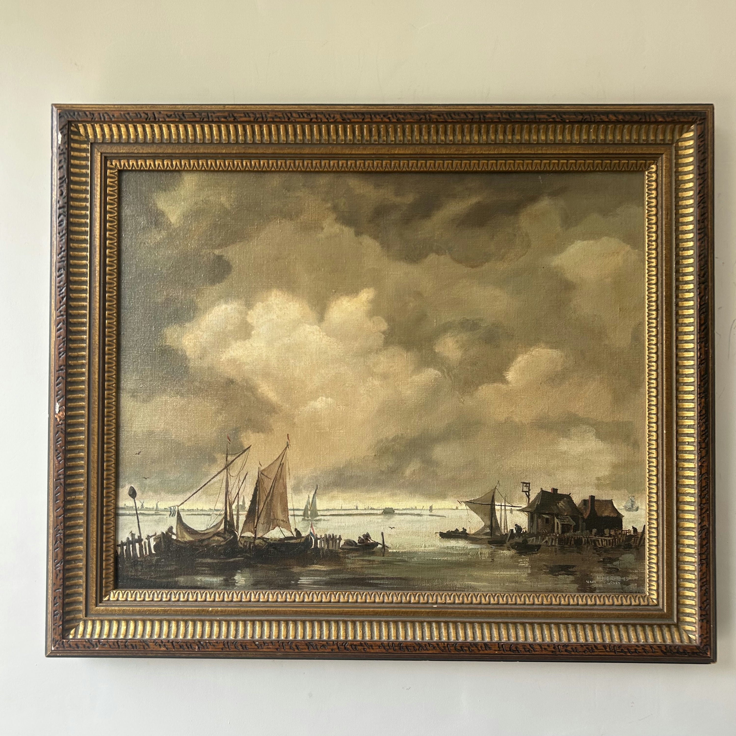 Detailed Harbor Scene Oil Painting 