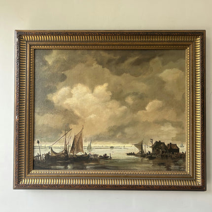 Detailed Harbor Scene Oil Painting "Sailing Boats" Vintage Art Holland Art Shop