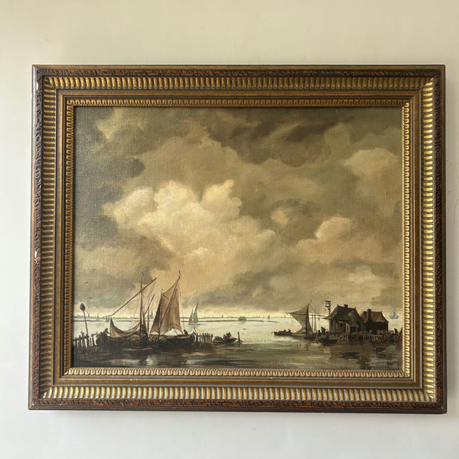 Detailed Harbor Scene Oil Painting "Sailing Boats" Vintage Art Holland Art Shop