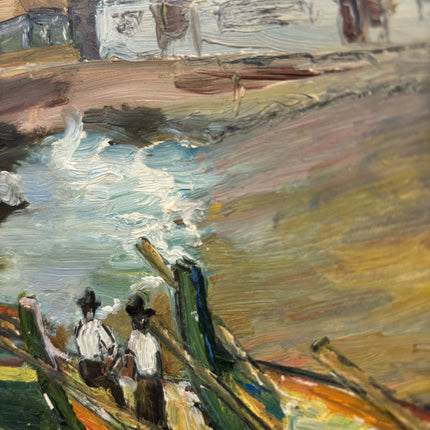 Vintage Cityscape Oil Painting "Fishing Boats" Rustic Small Artwork Holland Art Shop