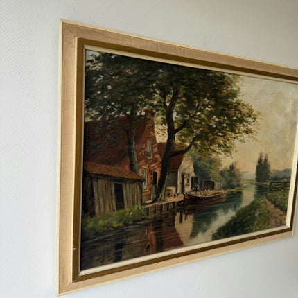 Detailed Scenery Oil Painting "Riverside Boat" Traditional Artwork Holland Art Shop