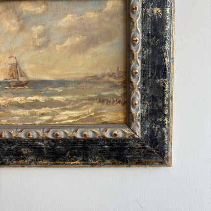 Vintage Seascape Oil Painting "Painted Frame" Rustic Small Artwork Holland Art Shop