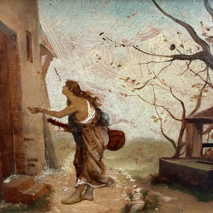 19th Century Antique Scenery Oil Painting "Begging Woman" Small Artwork Holland Art Shop