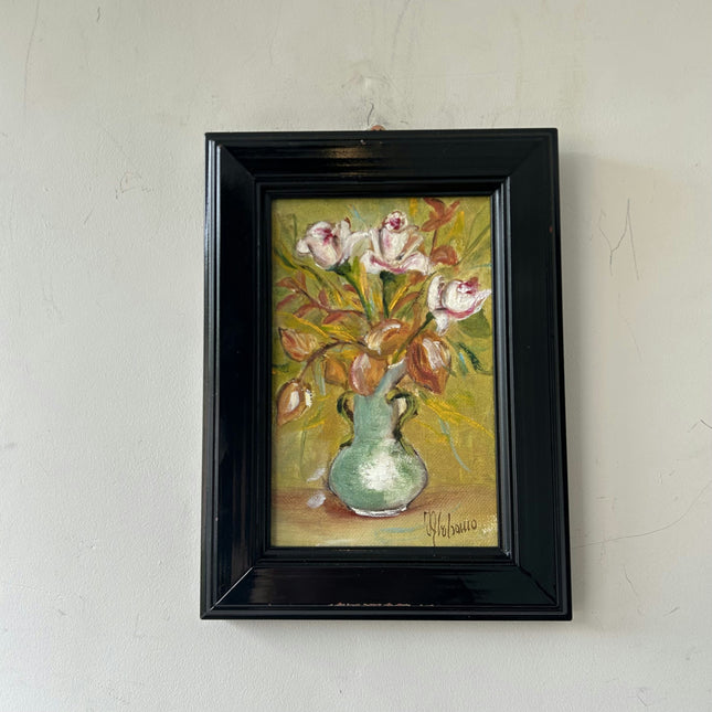 Handcrafted Floral Still Life Oil Painting "Green Vase" Expressive Small Artwork Holland Art Shop