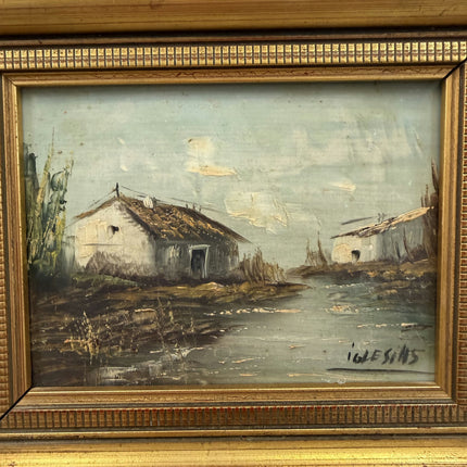 Rustic Farm Oil Painting "Thatched Cottage" Vintage Small Artwork Holland Art Shop
