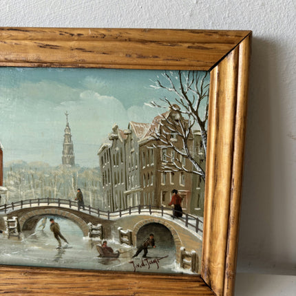 Fine Oil Painting Cityscape "Ice Skating Scene" Vintage Small Artwork Holland Art Shop