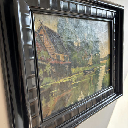 1942 Landscape Oil Painting "Riverside House" Artwork Holland Art Shop