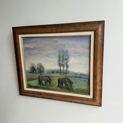 Traditional Animals Oil Painting "Grazing Horses" Rustic Artwork Holland Art Shop