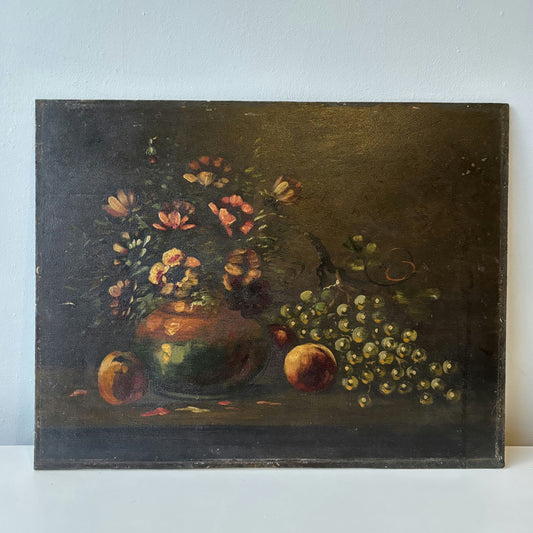 19th Century Vase Peaches Grapes Flowers Leaves Table Oil Painting Antique