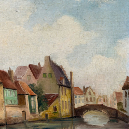 Vintage Cityscape Oil Painting "Canal Houses" Expressive Small Artwork Holland Art Shop